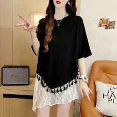 批发实拍92%棉2026夏季纱网拼接假两件短袖t恤女显瘦体恤<b class='q'>上衣</b>