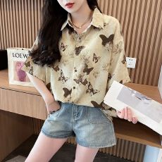 批发实拍<b class='q'>长袖</b>防晒衬衫2026夏季新款蝴蝶印花小众复古风法式上衣女