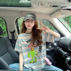 原版色织条/90棉10涤/精棉螺纹领/后包领宽松百搭T恤女