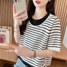 批发实拍条纹T恤女2026夏季新款<b class='q'>韩版</b>慵懒风时尚圆领撞色上衣女潮