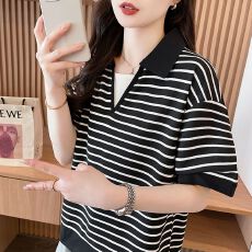 批发实拍条纹T恤女2026夏季新款<b class='q'>韩版</b>慵懒风时尚polo领撞色上衣女