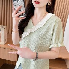 批发实拍皱布T恤女2026夏季新款韩版时尚v领荷叶边<b class='q'>中袖</b><b class='q'>上衣</b>ins潮