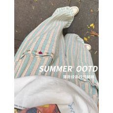 批发条纹<b class='q'>休闲裤</b>女春季新款胖妹妹mm高腰宽松显瘦垂感阔腿长裤