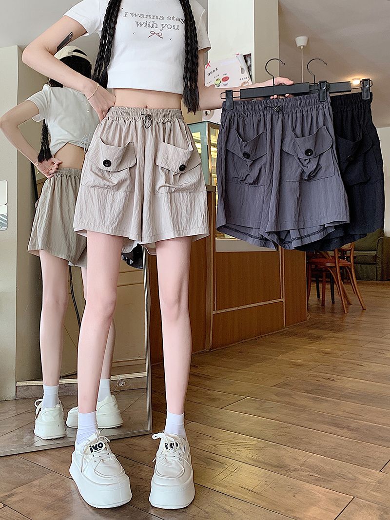 RY3029# 实拍 锦棉山本设计感口袋工装裤女宽松阔腿休闲裤短裤