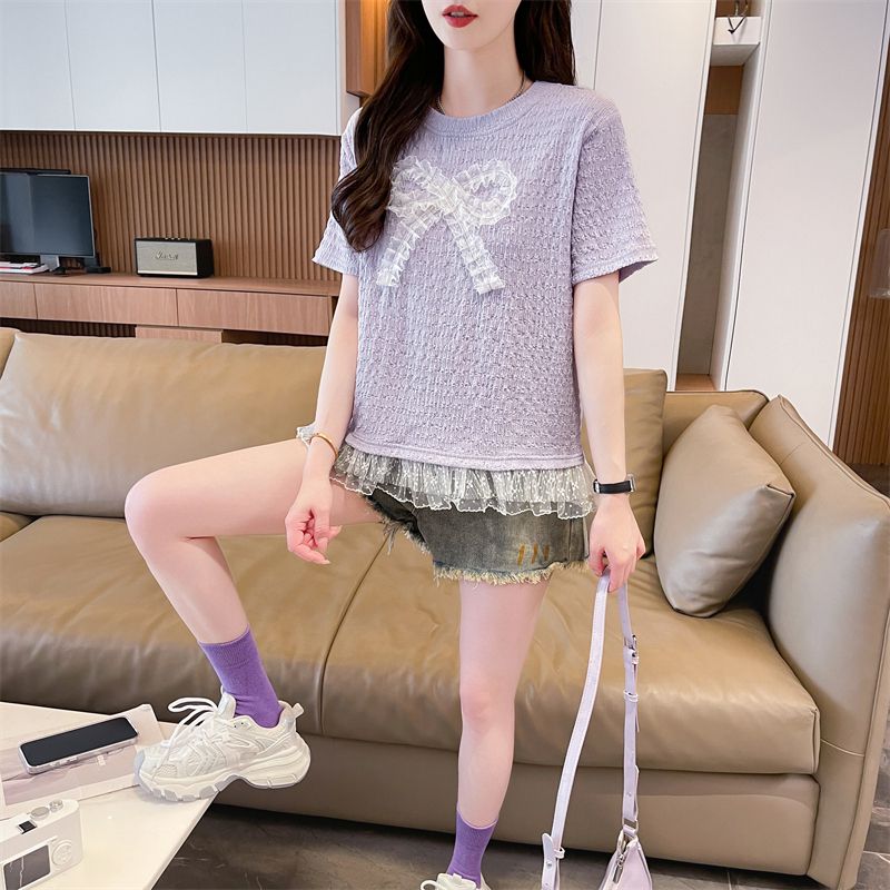 RY3025# 实拍短袖t恤女夏季新款宽松时尚韩版大蝴蝶结蕾丝气质上衣女