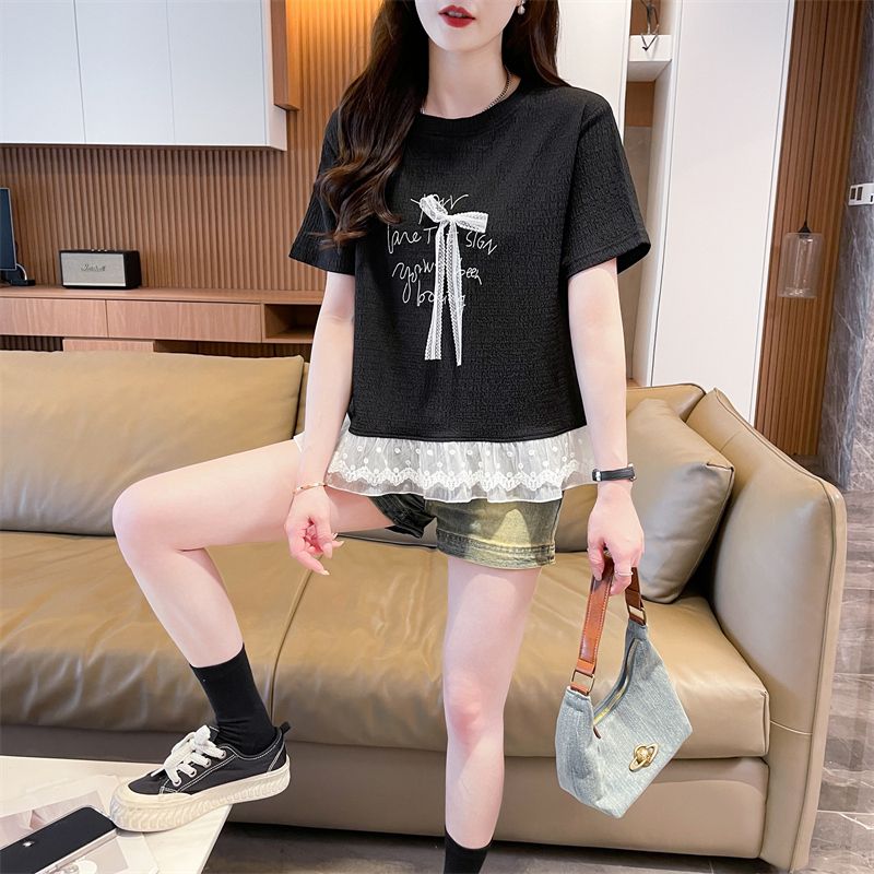 RY3024# 实拍短袖t恤女夏季新款宽松时尚韩版大蝴蝶结蕾丝气质上衣女