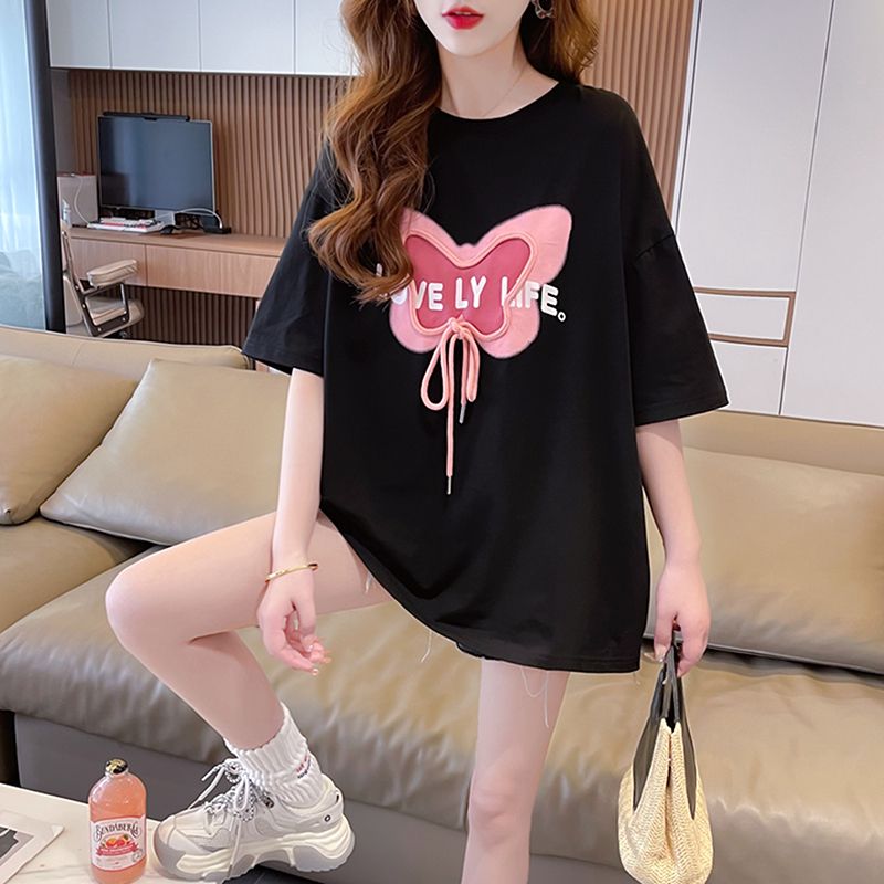 RY3023# 实拍 100%纯棉 后包领 韩版中长款重工印花短袖T恤女