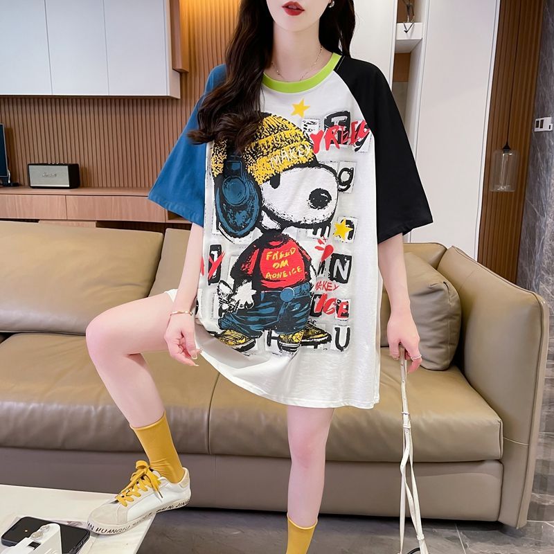 RY3022# 实拍 100%纯棉 后包领中长款撞色圆领短袖T恤女