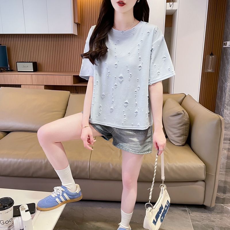 RY3021# 实拍 原版布210克后包领小个子破洞重工烫钻短袖T恤