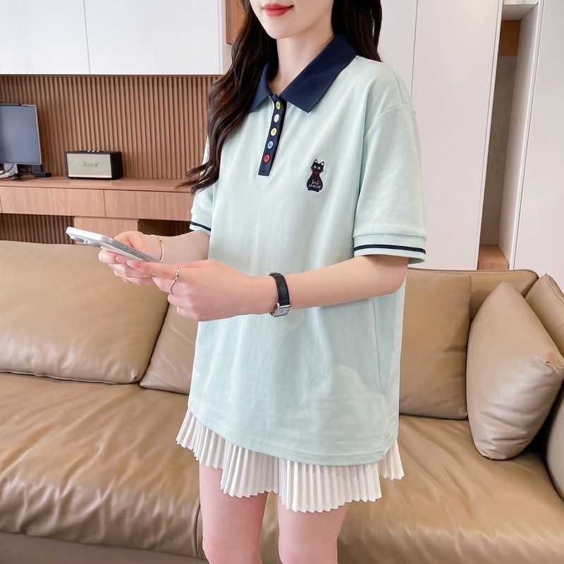 실사 2026 순면 반팔 티셔츠 여성 여름 새로운 한국 스타일 새끼 고양이 자수 빅 사이즈 여성 의류