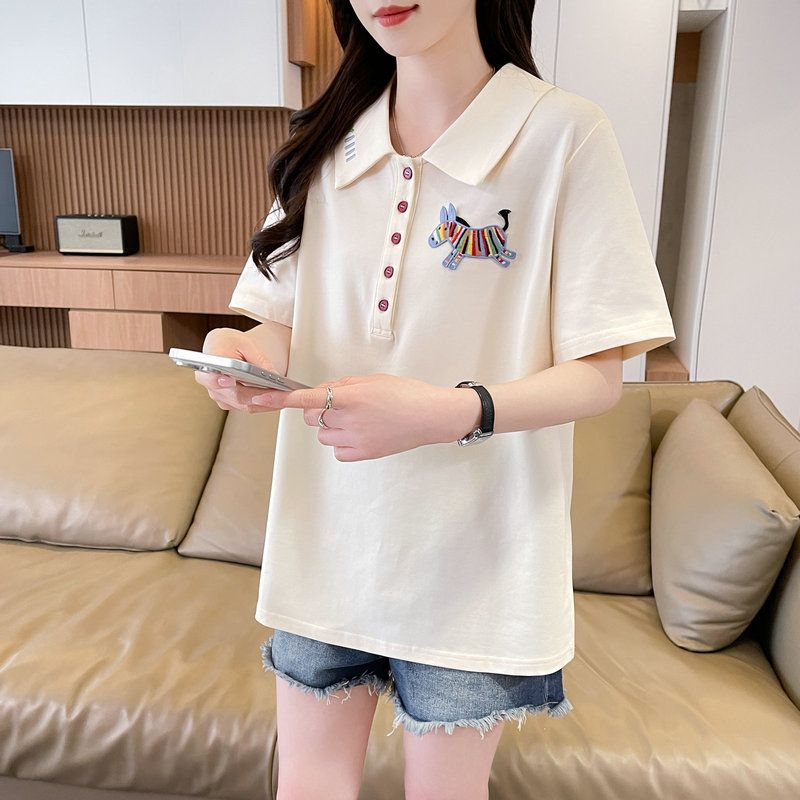 실사 2026 순면 반팔 티셔츠 여성 여름 새로운 한국 스타일 작은 말 자수 빅 사이즈 여성 의류