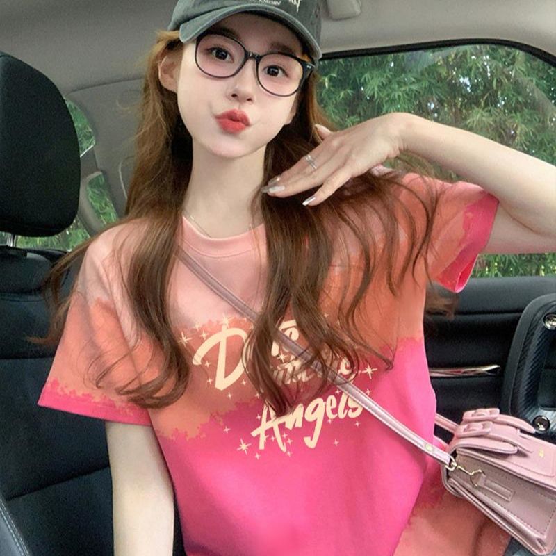 200그램 순면 이후 패키지 칼라 색상 색 후광 염색 루즈핏 티셔츠 여성 디자인 센스 프린트 슬림해 보이는 맨위 트렌디