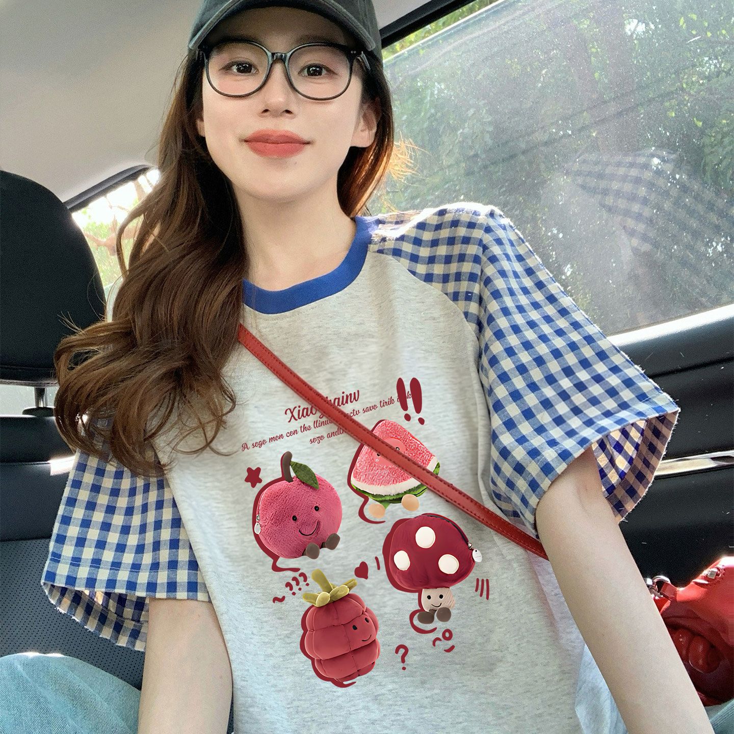 200그램 순면 이후 패키지 칼라 체크무늬 배색 삽입 어깨 반팔 티셔츠 여성 2026 여름 프린트 맨위