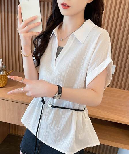 실사 원본 품질 벨트 포함 페이크 레이어드 숨기기 V넥 반팔 셔츠 여름 빅 사이즈 슬림해 보이는 슈퍼 잘 생긴 맨위
