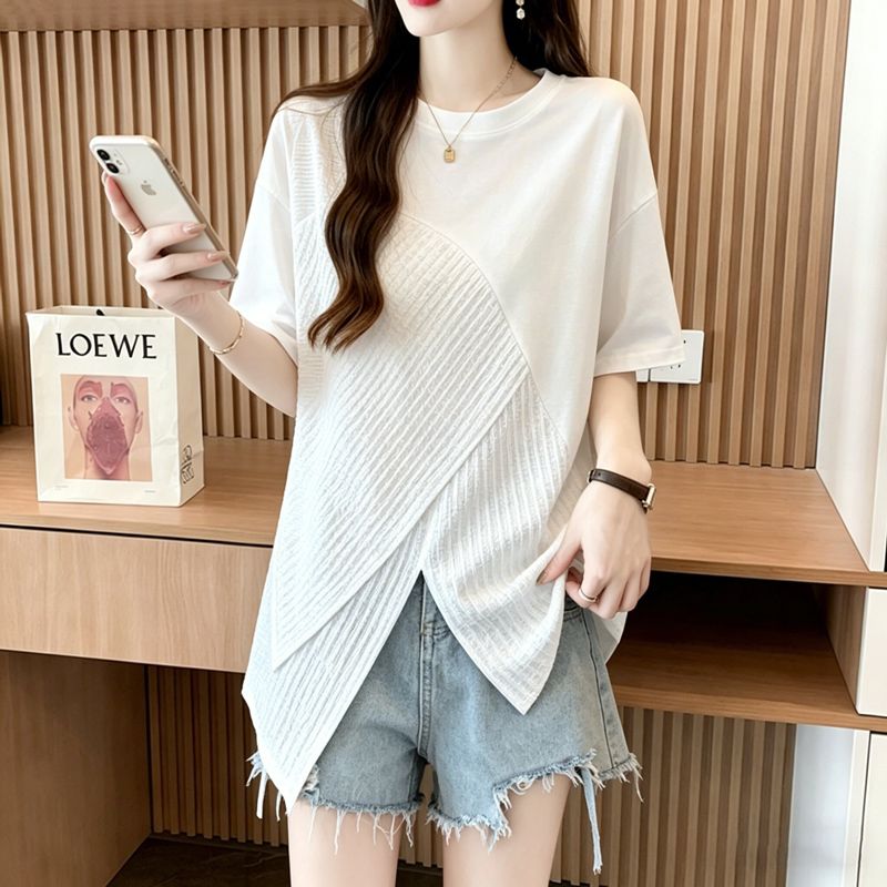 실사 순면 21 200그램 2026 여름 불규칙 패치워크 트임 루즈핏 반팔 티셔츠 여성