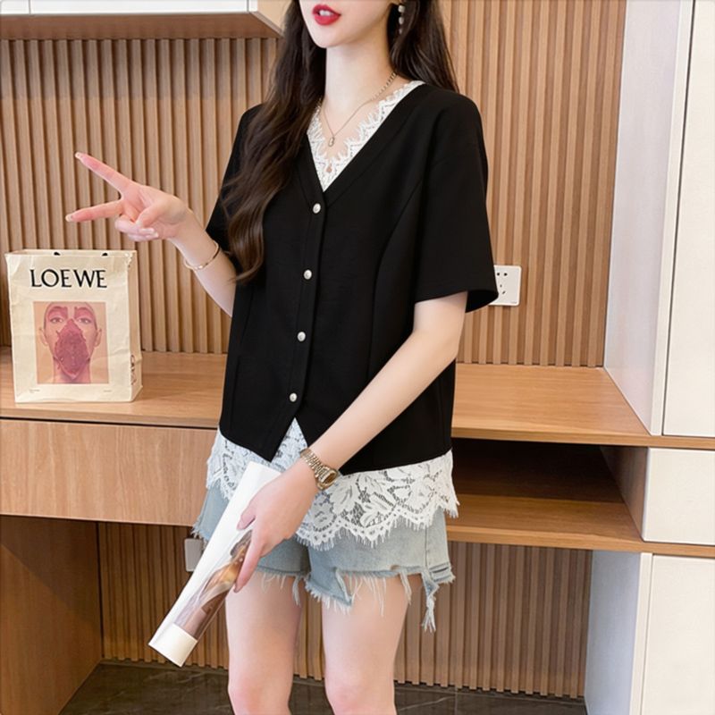 실사 40 92 면 2026 여름 레이스 베이비 칼라 쇼트 스타일 반팔 티셔츠 여성 자수 동정 맨위