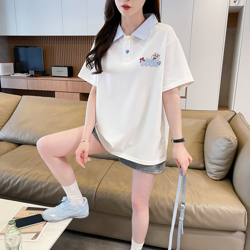 실사 2026 순면 반팔 티셔츠 여성 여름 새로운 한국 스타일 POLO 칼라 자수 빅 사이즈 여성 의류