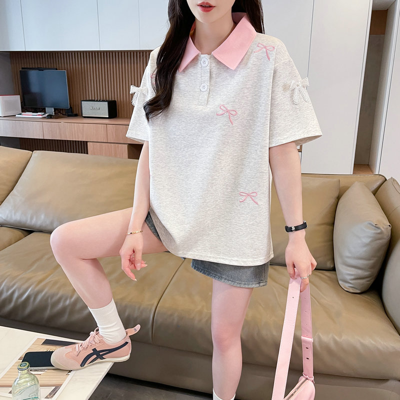 실사 2026 순면 반팔 티셔츠 여성 여름 새로운 한국 스타일 POLO 칼라 나비 매듭 빅 사이즈 여성 의류