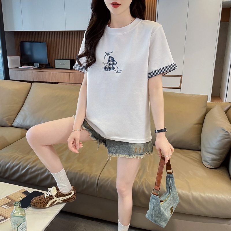 실사 남자 바 면 한국 스타일 라운드 넥 반팔 티셔츠 여성 2026 년 새로운 자수 체크무늬 맨위 여성