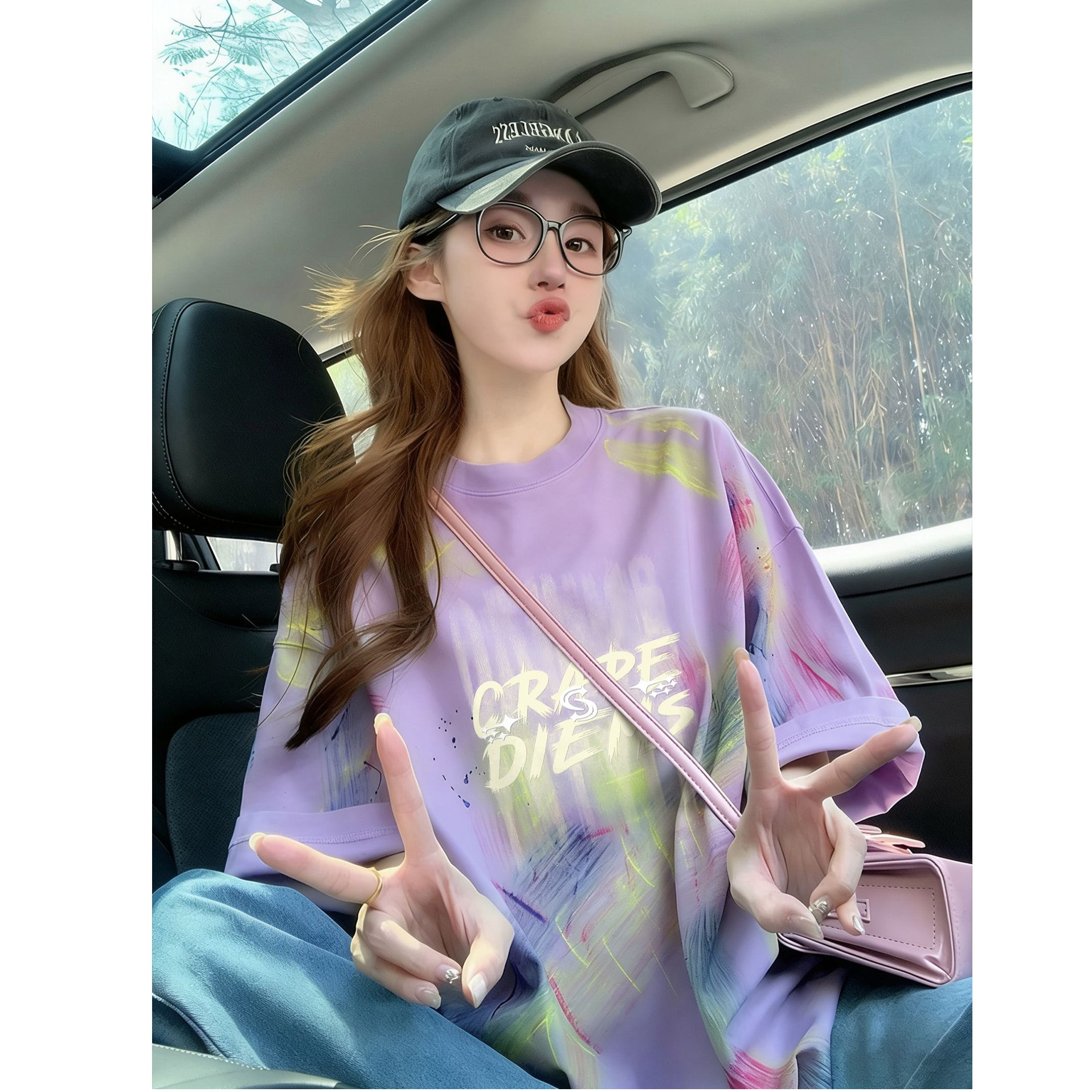 이후 패키지 칼라 홀치기 염색 중간 길이 티셔츠 여성 유럽 상품 외국 가스 프린트 대 에디션 루즈핏 맨위