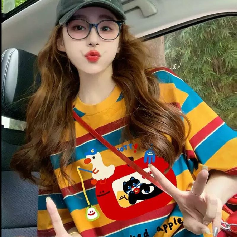모방 면 당겨 프레임 이후 패키지 칼라 배색 스트라이프 루즈핏 티셔츠 여성 oversize 만화 외국 가스 중간 길이 맨위