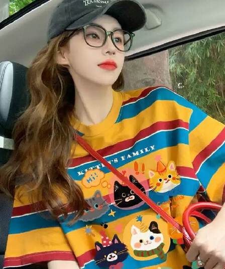 모방 면 당겨 프레임 이후 패키지 칼라 배색 스트라이프 루즈핏 티셔츠 여성 oversize 만화 외국 가스 중간 길이 맨위