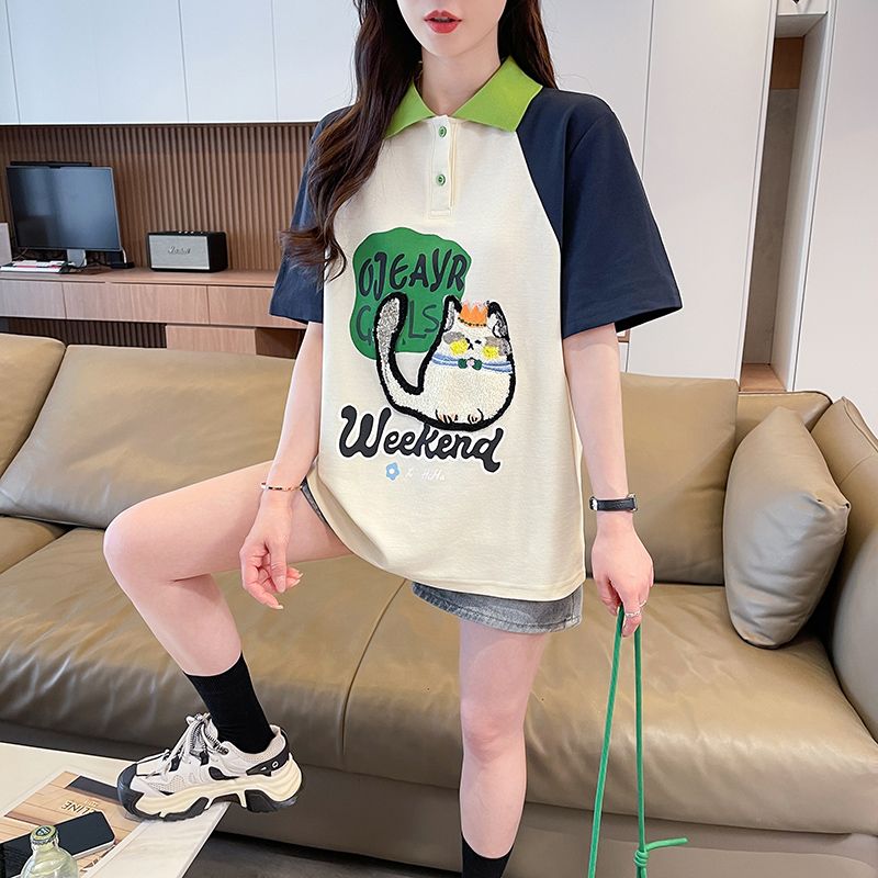 실사 모방 면 더블 실 케이블 루오 그거야. polot 셔츠 여성용 짧은 소매 여름 새로운 만화 애니메이션 루즈핏 맨위