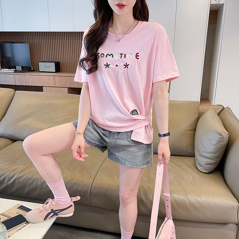 실사 눈꽃 면 티셔츠 여성용 짧은 소매 여름 새로운 디자인 센스 핑크색 패션 백 잡아라. 옷 ins 트렌디
