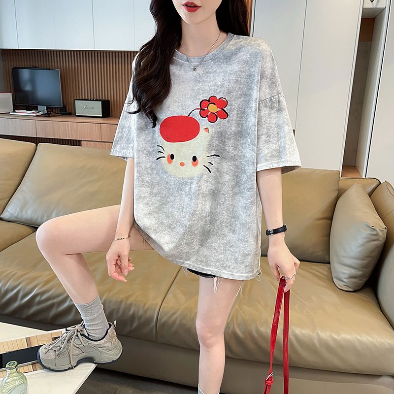 실사 눈꽃 면 침투 홀치기 염색 티셔츠 여성용 짧은 소매 여름 새로운 패션 루즈핏 대 에디션 맨위 서비스 ins