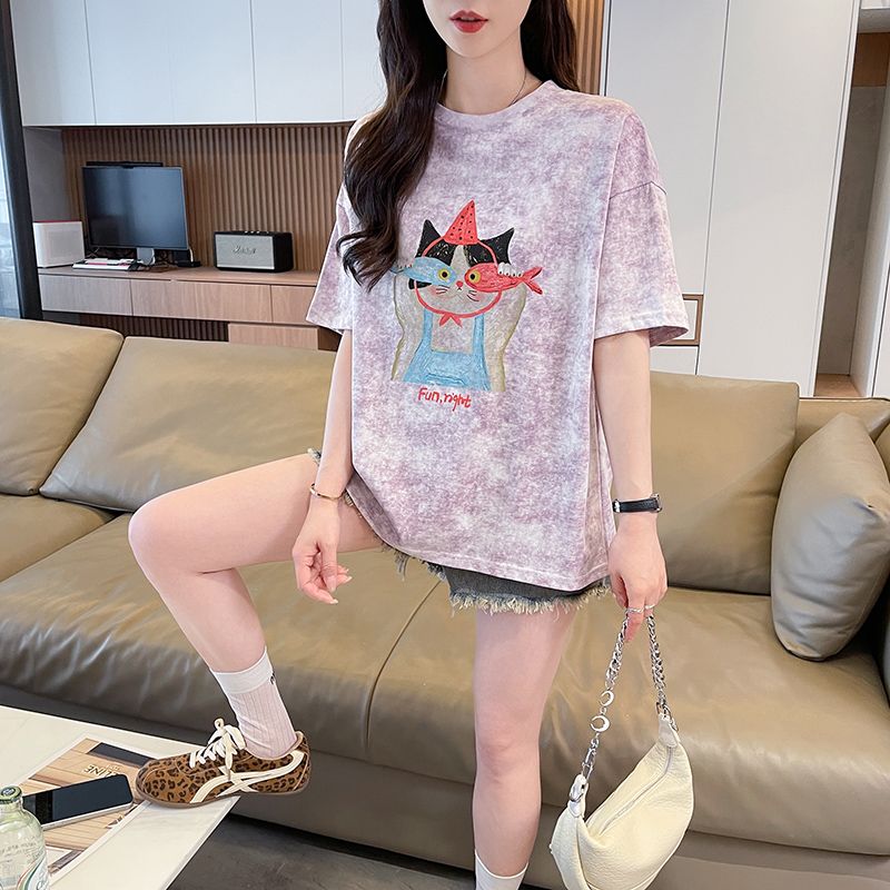 실사 눈꽃 면 침투 홀치기 염색 티셔츠 여성용 짧은 소매 여름 새로운 패션 루즈핏 대 에디션 맨위 서비스 ins