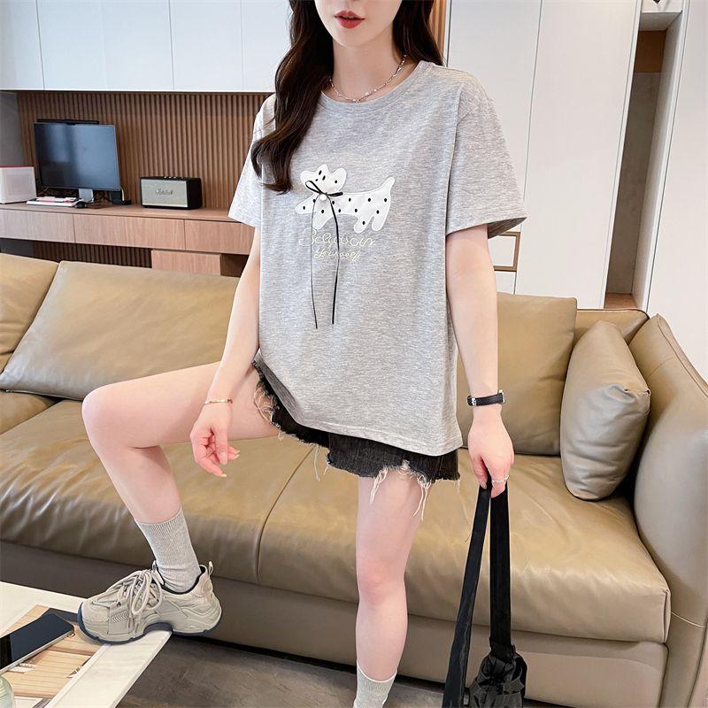 실사 모방 면 더블 실 2026 여름 새로운 한국 스타일 작은 말 자수 반팔 티셔츠 여자 학생 트렌디 맨위