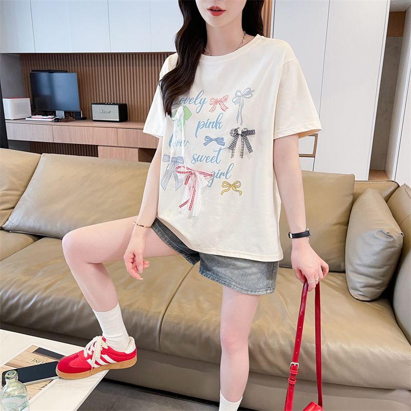 실사 눈꽃 면 2026 여름 새로운 워시 물 홀치기 염색 알파벳 프린트 반팔 티셔츠 여성 셔츠