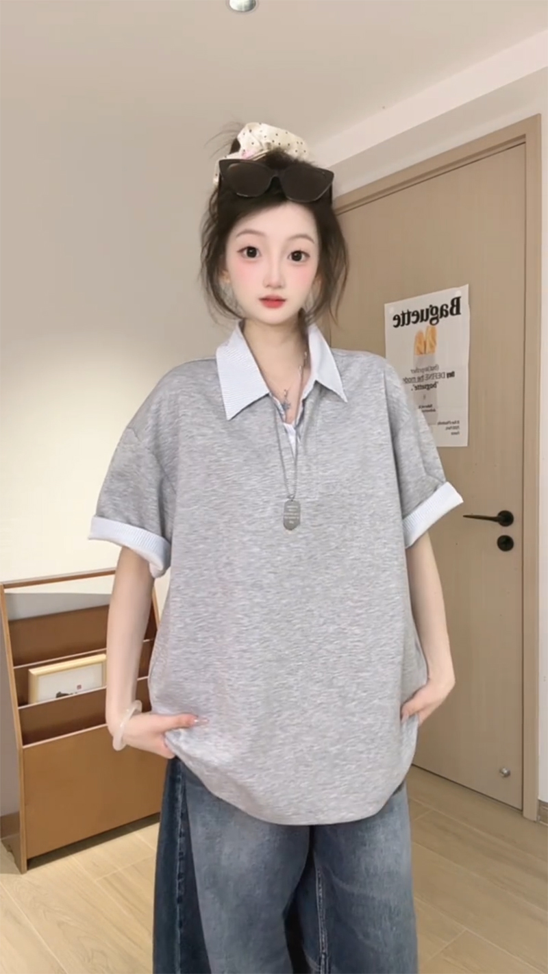 경관 그림 남자 바 면 220 그램 반팔 티셔츠 여성 의류 여름 새로운 레트로 루즈핏 페이크 레이어드 POLO 칼라 맨위