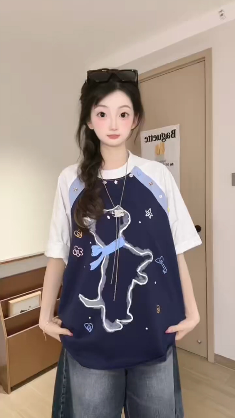 경관 그림 220 그램 순면 반팔 티셔츠 여성 의류 여름 새로운 중간 길이 루즈핏 삽입 어깨 소매 배색 라운드 넥 맨위