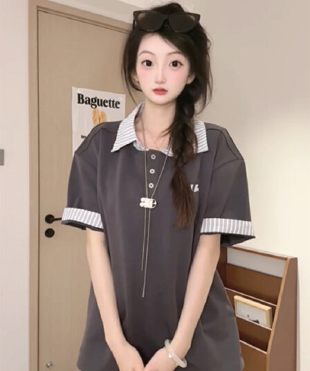 경관 그림 남자 바 면 220 그램 반팔 티셔츠 남녀 커플룩 여름 새로운 루즈핏 스트라이프 POLO 칼라 맨위
