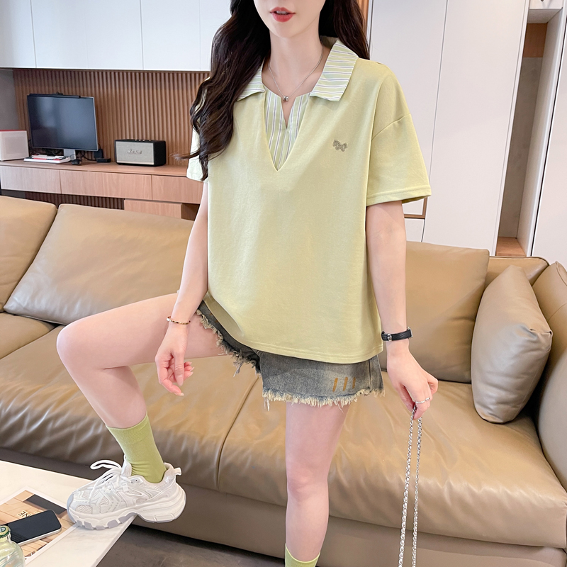 실사 2026 여름 새로운 한국 스타일 페이크 레이어드 폴로 칼라 반팔 티셔츠 여성 빅 사이즈 여성 의류 맨위 여성