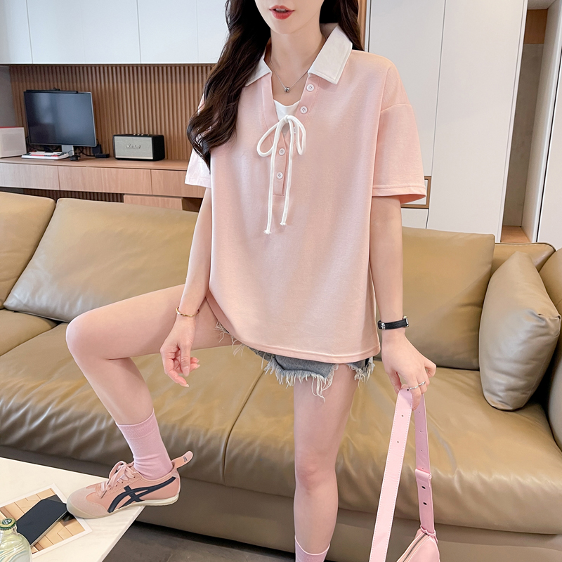 실사 2026 여름 새로운 한국 스타일 페이크 레이어드 폴로 칼라 반팔 티셔츠 여성 빅 사이즈 여성 의류 맨위 여성