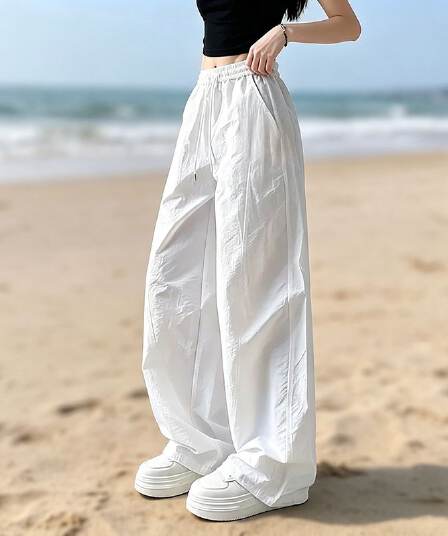 화이트 자외선 차단 속도 건조한 바지 여성 여름 얇고 가벼운 와이드 레그 팬츠 지방 mm 하이웨이스트 주름 운동 워크웨어 팬츠