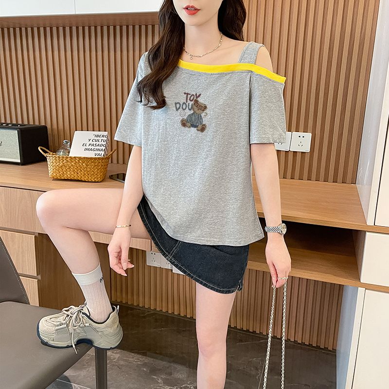 실사 흔들어서 톤 품질 순면 루즈핏 슬립 오프숄더 패치워크 디자인 센스 반팔 t