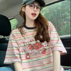 批发2026夏季新款韩版精棉螺纹领撞色条纹卡通印花宽松中长款T恤女