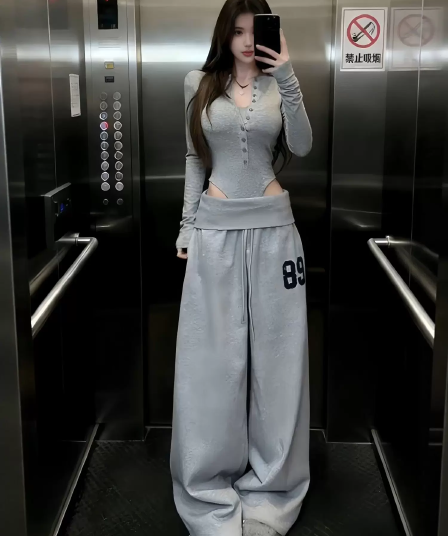 한 부서 레트로 빛 아시아 인 캐주얼 뒤집다 측면 89 루즈핏 캐주얼 다용도 봄 가을 허리밴드 넓은 다리 웨이 바지 여성