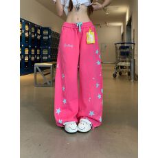 批发带配饰2026宽松休闲运动街舞裤美式高街星星阔腿卫裤女夏
