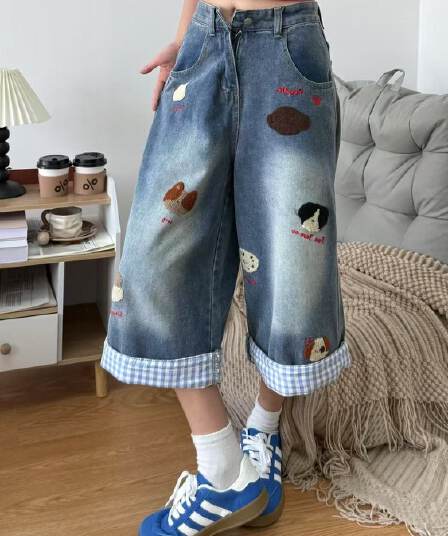 레트로 핫걸 데님 7부 바지 여성 작은 키 로우 웨이스트 슬림해 보이는 스트레이트 넓은 다리 핫 바지