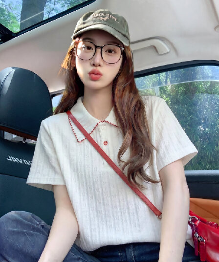 경관 그림 210 그램 자카드 원단 반팔 티셔츠 여성 의류 여름 새로운 한 부서 루즈핏 홀로우 아웃 POLO 칼라 맨위