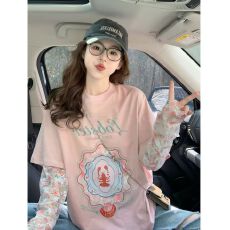 批发竹节纯棉/后包领网纱拼接假两件<b class='q'>短袖</b>t恤女2026宽松印花上衣