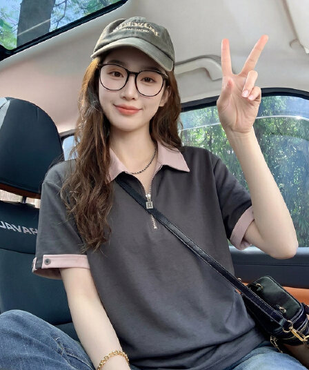 경관 그림 220 그램 더블 색상 양면 반팔 티셔츠 여성 여름 새로운 디자인 센스 지퍼 배색 POLO 칼라 켜기