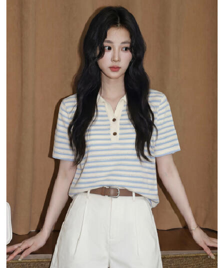 경관 그림 원본 자카드 반팔 티셔츠 여성 의류 여름 새로운 작은 샤넬 스타일 아메리칸 스트라이프 POLO 칼라 맨위