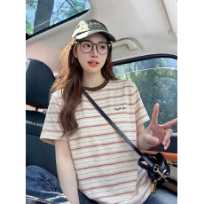 批发官图210克条纹短袖t恤女<b class='q'>装</b>夏季新款潮小香风字母刺绣圆领上衣