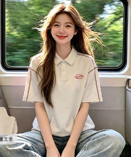 경관 그림 220 그램 순면 반팔 티셔츠 남녀 커플룩 여름 명시적 스티치 장식 새로운 POLO 칼라 맨위
