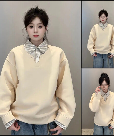 경관 그림 얇은 스타일 조수 브랜드 남녀 커플 후드티 봄 가을 새로운 패치워크 페이크 레이어드 스트라이프 셔츠 칼라 맨위